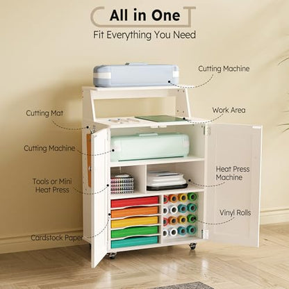 𝐂𝐫𝐚𝐟𝐢𝐭 Craft Cart Storage Cabinet Compatible with Cricut Machine, Rolling Crafting Table Furniture with Vinyl Roll Holder Organizer Desk Workstation for Craft Room Home Organization, Ivory