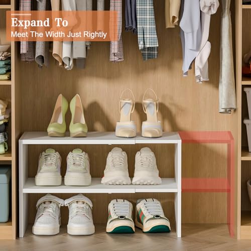 2-Tier Small Shoe Rack Organizer for Closet, White Expandable Shoe Shelf, Stackable Iron Wood Combination Shoe Racks Shelves for Closets, Entryway,Small Space,Hallway,Garage,6-12 Pairs,Patent - WoodArtSupply