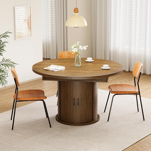 CABZOON 47-63in Extendable Round Dining Table for 4-8 Modern Round Kitchen Table Circle Dining Table with 2-Tier Storage Shelf, Space Saving Expandable Wood Oval for Living Room Walnut CABZOON