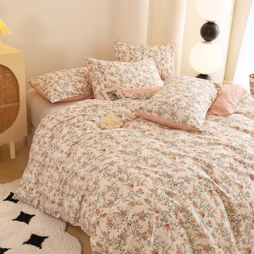 ECOCOTT Reversible Floral Duvet Cover Queen Size – 3 Piece 100% Washed Cotton Bedding Set, Soft Breathable Comforter Cover with Zipper Closure & Corner Ties ECOCOTT