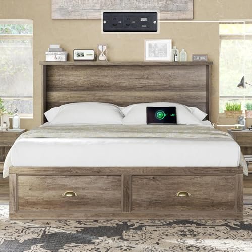 AMERLIFE Queen Size Murphy Bed, Farmhouse Wooden Cabinet with Charging Station and Storage Drawer for Bedroom/Office/Guest Room, Grey Oak AMERLIFE