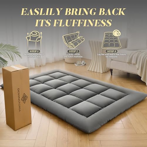DOWNSTORIA Japanese Floor Mattress, Foldable Futon Mattress Tatami Mat with Handle, Roll Up Dormitory Sleeping Pad for Camping, Guestroom Bed, Twin Size, Grey DOWNSTORIA