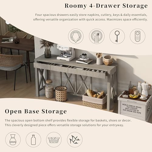 60'' Long Console Table with 4 Spacious Drawers,Modern Crisscross Design Entryway Table with Open Bottom Storage,Farmhouse Sofa Tables for Living Room,Kitchen,Dining Room,Hallway,Grey JIJIWANG
