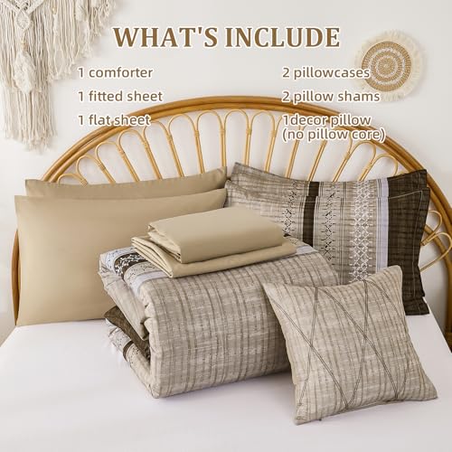 Dintszyayue Brown Comforter Set King Size, 8 Pieces Boho Striped Bed in a Bag Soft Microfiber Bedding Set for All Season Dintszyayue