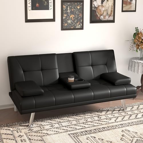Anwick Convertible Folding Futon Sofa Bed,Modern PU Leather Sleeper Love Seat with 3 Reclining Backrest & Cup Holders,67" Comfy Sofa Couches for Living Room Small Home Office (Black) Anwick