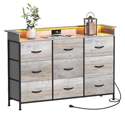 EXOTICA Dresser with Charge Station 9 Drawers Dresser for Bedroom with LED Lights Tall Wide Fabric Dressers & Chests of Drawers for Closet Hallway Entryway Sturdy Steel Frame Wood Top EXOTICA