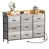 EXOTICA Dresser with Charge Station 9 Drawers Dresser for Bedroom with LED Lights Tall Wide Fabric Dressers & Chests of Drawers for Closet Hallway Entryway Sturdy Steel Frame Wood Top EXOTICA