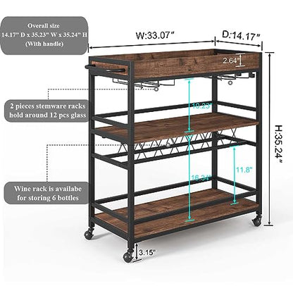 BON AUGURE Bar Cart for The Home, Rolling Home Bar Serving Cart on Wheels, 3 Tier Liquor Beverage Cart for Home Bar with Wine Rack and Glass Holder, Rustic Oak