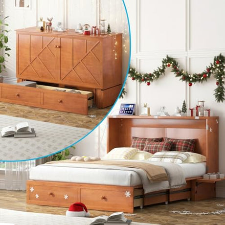 Mjkone Queen Murphy Bed, Modern Foldable Cube Cabinet with Tri-Folding Mattress, 2 Storage Drawers, Murphy Cabinet Beds with Built-in USB Charging Station for Living Room Guest Room Bedroom, Cherry Mjkone