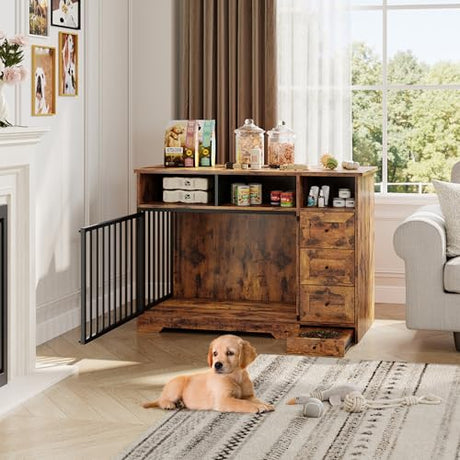 48'' Dog Crate Furniture, Farmhouse Heavy Duty Dog Kennel with Bowl & Storage Drawers, Medium Dog Cage End Table for Small Medium Dogs, Retro Brown GarveeLife