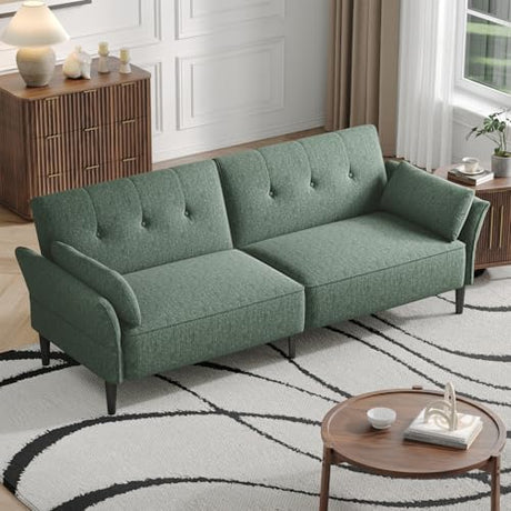 COPIAE 89” Futon Sofa Bed,Comfy Futon Couch Bed with 2 Square Pillows,Convertible Sleeper Sofa with Adjustable Backrest& Armrests, Modern Loveseat Sleeper for Living Room, Bedroom, Linen Green COPIAE