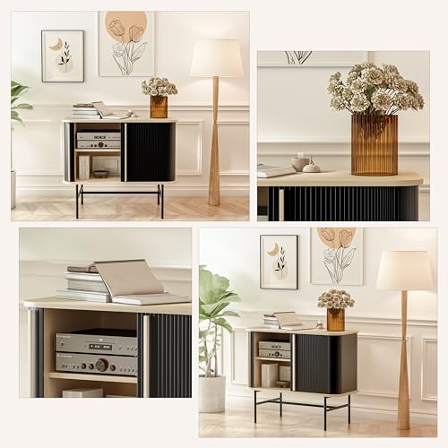roomfitters Sideboard Buffet Cabinet with Sliding Doors, Mid Century Modern Credenza with 2 Tambour Doors, Minimalist Accent Storage Cabinet for Living Room, Media Console with Storage, Black roomfitters