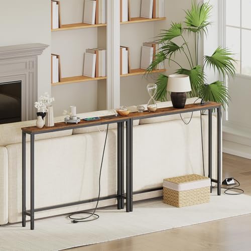 HOOBRO 39.4 Inch Narrow Console Table with Power Outlets, 5.9 Inch Sofa Table with Storage, Skinny Behind Couch Table, for Entryway Hallway, Small Spaces, Rustic Brown and Black BF52UXG01G1 HOOBRO