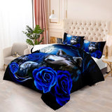 Tuzaovy Wolf Bedding Set King Size,Blue Rose King Size Comforter Set,King Size Wolf Comforter Bed Set,King Quilt Bedding Set Rose,Wolf Bedding Set King Size Animal Print Comforter Set Tuzaovy