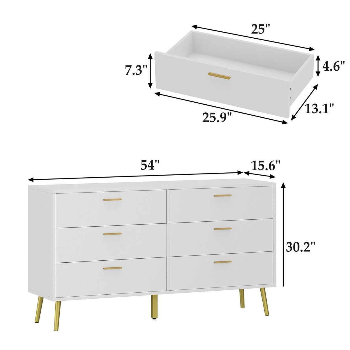 TAMUNE 54” 6 Drawer Dresser, Modern 6-Drawer Chest with Gold Metal Handles, Bedroom Dresser with Gold Metal Legs, for Living Room Entryway White (54”W x 15.7”D x 30.1”H) TAMUNE