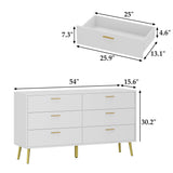 TAMUNE 54” 6 Drawer Dresser, Modern 6-Drawer Chest with Gold Metal Handles, Bedroom Dresser with Gold Metal Legs, for Living Room Entryway White (54”W x 15.7”D x 30.1”H) TAMUNE