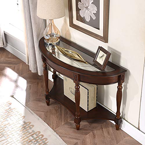 PADMA HOUSE Traditional Solid Wood Semi-Circle Sofa Table with Tempered Glass Top for Living Room, Cherry Walnut PADMA HOUSE