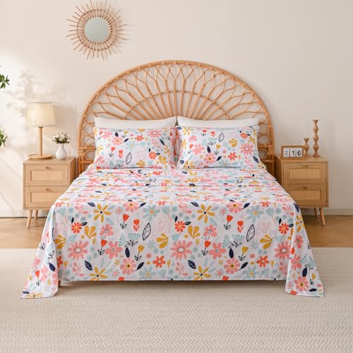 Yibeizi Floral Sheet Set for Girls Twin, Kids Cute Print Bedsheets Microfiber Deep Pocket Flower Patterned Bed Sheet & Pillowcase Sets 3 Pieces Yibeizi