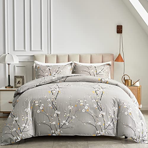UOZZI BEDDING Gray Twin Size Duvet Cover Set with 2 Pillow Shams-Gray Branch Style 800 TC Zipper Closure 4 Corner Ties Adult Men Women Style Dots Floral White Tree Style Reversible Design UOZZI BEDDING