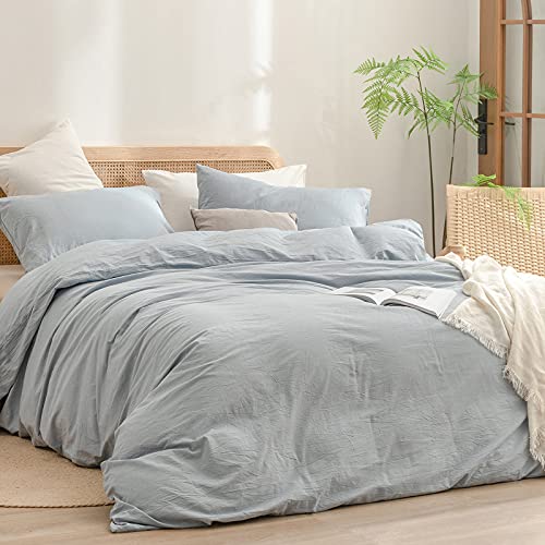 BESTOUCH Duvet Cover Set 100% Washed Cotton Linen Feel Super Soft Comfortable Chic Lightweight 3 PCs Home Bedding Set Solid Cornflower Blue Full/Double BESTOUCH