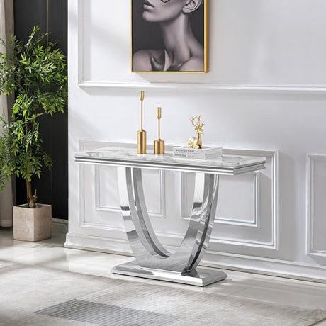 47" Marble Console Table Luxury Silver Sofa Table with Geometric U-Shape Stainless Steel Pedestal Modern Long Console Sofa Table White Marble Entryway Hall Table for Living Room Hallway Goujxcy