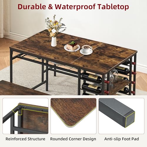 Dining Table Set for 4, Kitchen Table with 2 Benches, Wine Rack and Storage Shelf, Rectangular Dining Room Table Set, 3 Piece Dining Table Set for Small Space, Apartment, Dinette, Rustic Brown coucheta