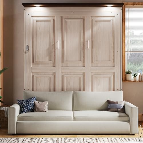 SOFTSEA Queen Size Murphy Bed with Sofa, Hidden Wall Bed Cabinet with LED Lights, Space-Saving Foldable Murphy Bed Frame for Guest Room Bedroom Home Office, Beige SOFTSEA