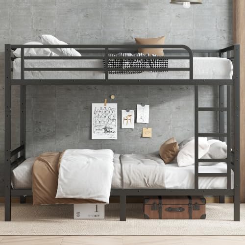 HKOLIE Full XL over Full XL Bunk Bed, Metal Bunk Bed Frame Heavy Duty Bunk Beds Loft Bed Frame with Ladder and Guardrail Metal Slats No Box Spring Required for Adults Teens (Full XL over Full XL Size) HKOLIE