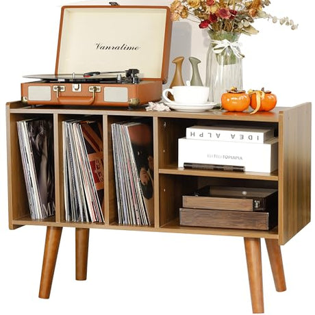 Record Player Stand with Vinyl Storage Holds Up to 300lb, Large Record Player Table Cabinet for Album Storage with Holder Vinyl Display Shelf, Wood Turntable Stand for Bedroom Living Room (walnut) LKKRO
