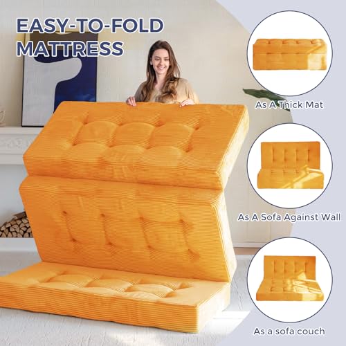 MAXYOYO Tri-Fold Mattress, 6 Inch Tufted Folding Futon Bed, Foldable Floor Couch Guest Bed Futon Portable Camping Sleeping Mat with Corded Fabric, Orange MAXYOYO