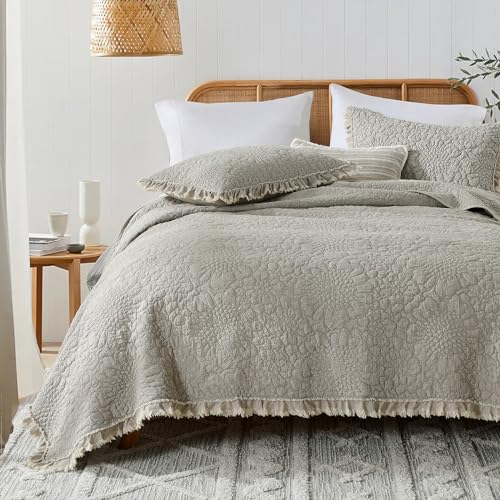 HORIMOTE HOME Beige Ruffled Quilt King Size, Stone-Washed Microfiber Lightweight Crinkled Farmhouse Rustic Shabby Chic Bedding Set, 3 Pieces Reversible Bedspread with Pillow Shams for All Season HORIMOTE HOME