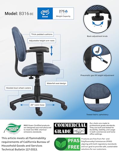 Boss Office Products Perfect Posture Delux Fabric Task Chair with Adjustable Arms in Blue, 250 (B316-BE) Boss Office Products