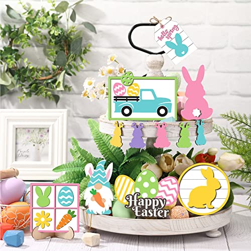 Jetec Tray Decor, 12pcs Bunny Easter Tiered Signs, Wood Gnome Truck Flower Farmhouse Kitchen Decorations, Green, Yellow, Tray not Included Jetec