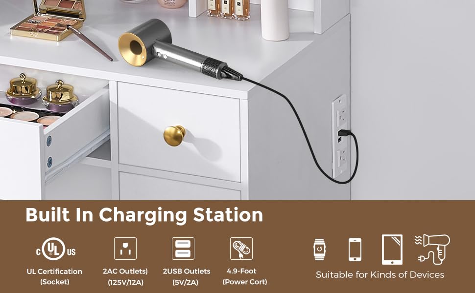 ANWBROAD Vanity Desk Set with Large LED Lighted Mirror Power Outlet Makeup Vanity Table 3 Color Lighting Modes Dressing Table with 5 Drawers and 2 Cabinets Cushioned Stool for Bedroom, White UBDT57W ANWBROAD