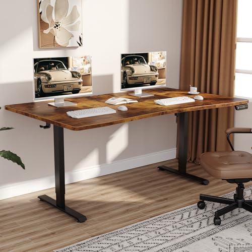 Veken 63 x 28 Inch Electric Standing Desk, Sit to Stand Up, Work Home Office Computer Table for Study, Walking Pad, Writing, and Games, Wooden Desktop Desks, Brown Veken