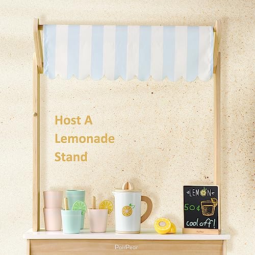 PairPear Wooden Toys Lemonade Playset,Kids Play Food Pretend Play Lemonade Stand Kit,Play Kitchen Grocery Maket Acessories Gift for Toddler Girls and Boys 3 Years+ PairPear