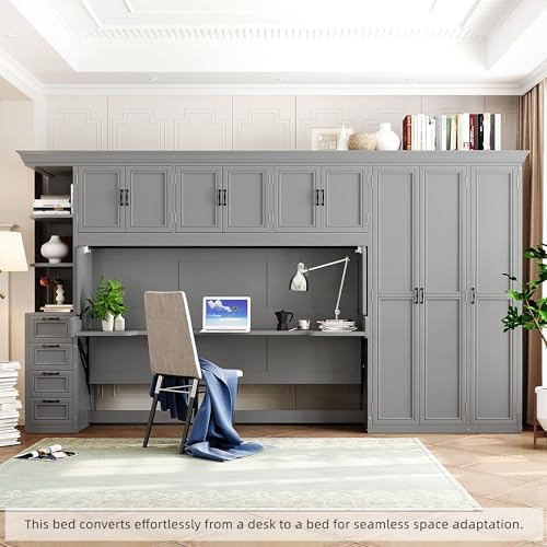 Merax Twin Size Murphy Bed with Desk, Multifunctional Wood Foldable Wall Bed with Wardrobe, Drawers and Cabinet, Space-Saving Hidden Bed for Guest Room Office, No Box Spring Needed, Grey Merax