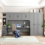 Merax Twin Size Murphy Bed with Desk, Multifunctional Wood Foldable Wall Bed with Wardrobe, Drawers and Cabinet, Space-Saving Hidden Bed for Guest Room Office, No Box Spring Needed, Grey Merax