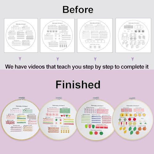 Sutesloly Embroidery Kit for Beginners Adults, 4 Sets Learn to Floral Patterns Simple Starter kit for Beginners, Easy Practice Kit, 7.8inch Hoop, Hand DIY Craft for Women，Purple
