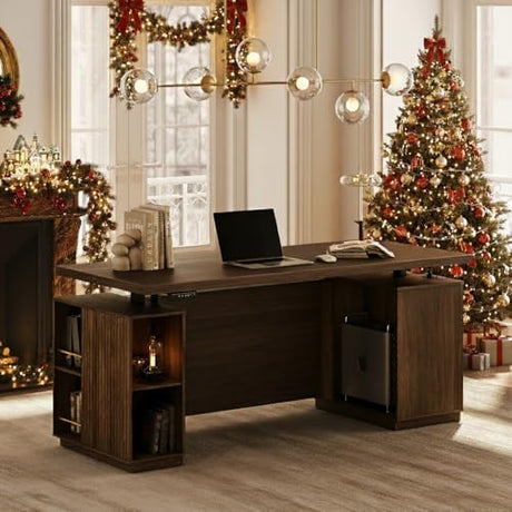 Perledesign 70" Standing Desk with Storage, Executive Electric Height Adjustable Stand Up Desk with AC/USB, Privacy Panel, Large One-Piece Destop, Fluted Computer Desk, Black Walnut Perledesign