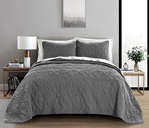 Pure Bedding Quilt Set Full/Queen Size Dark Grey - Oversized Bedspread - Soft Microfiber Coverlet for All Season - Includes 1 Quilt and 2 Shams, Ocean Star Pattern Pure Bedding
