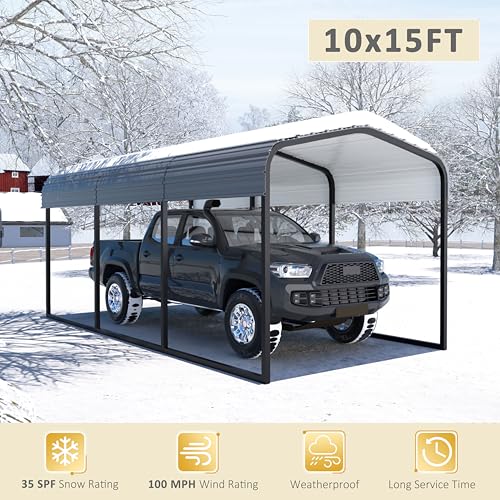 VEIKOU 10' x 15' Metal Carport with Heavy Duty Steel Roof, Upgraded Large Outdoor Carport Canopy, Car Port for Car, Car Shelter & Shade, Grey VEIKOU