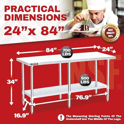 Food Prep Stainless Steel Table - DuraSteel 24 x 84 Inch Commercial Metal Workbench with Adjustable Under Shelf - NSF Certified - For Restaurant, Warehouse, Home, Kitchen, Garage - WoodArtSupply