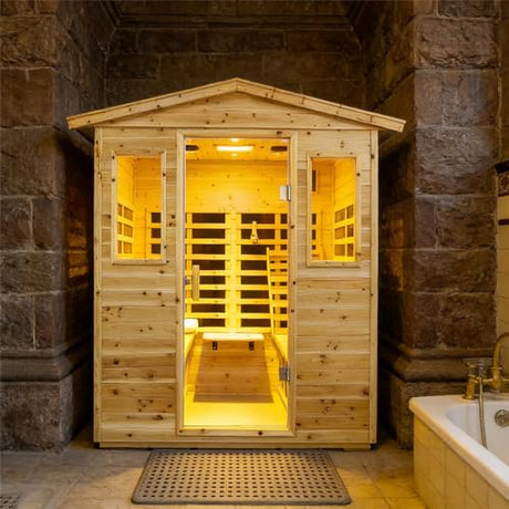 Kanlanth Outdoor Infrared Sauna with Red Light Therapy, 4 Person 2050watt Canadian Hemlock Wood Personal Sauna Room for Indoor Home, with Blue-Tooth, 4 Chromo Therapy Lighting, Control, Cup Holder Kanlanth