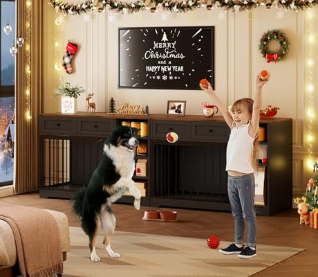 IDEALHOUSE 47” Large Dog Crate, Dog Kennel Indoor with 2 Drawers and 4 Shelves, Dog Crate Furniture TV Stand, Wooden Dog Cage for Medium Large Dogs, Black IDEALHOUSE