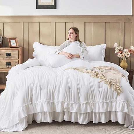 Andency White Ruffle Comforter Full Set, 3pcs Vintage Farmhouse Shabby Chic Bedding Comforter Set, Soft Lightweight Fluffy Bed Comforter Sets All Season Bedding Set Andency