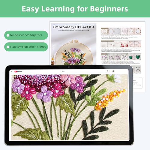 Herdiese Embroidery Kit for Beginners & Adults, 3 PCS Cross Stitch Kit with Floral Patterns – Complete Starter Set with Hoop, Pre-Printed Fabrics, Threads, 9 Needles & Scissors