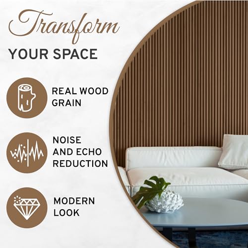 DOGBERRY 2 Pack Acoustic Wood Wall Panels, Decorative Soundproof Panels for Walls and Ceiling,n, 3D Slat Wood Wall Panels (94.49” x 25.4” Total Coverage, Smokey Oak) DOGBERRY