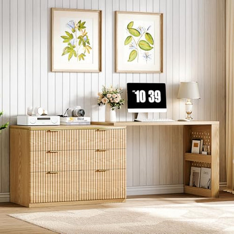 Ieejdn L Shaped Standing Desk,47" Home Office Desks, Executive, Farmhouse Computer Desk with 6 Drawers File Drawer, Rustic Computer Writing, Oak Ieejdn