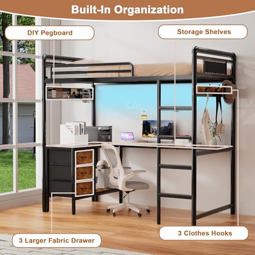 KSOBEBVT Twin Loft Bed with Desk, Gaming Bunk Bed with Stairs, Metal Loft Bed Heavy Duty Loft Beds for Adults, 3 Fabric Drawers, LED Lights & Charging Sation, No Noise & No Box Spring Needed, Black KSOBEBVT